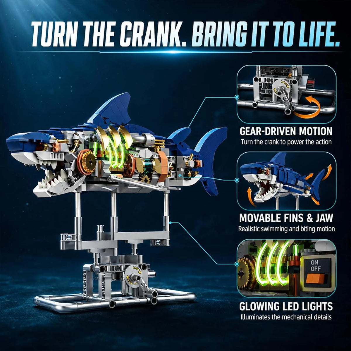 Mechanical Shark Building Set with LED Lights - Movable Crank Gears,687 PCS