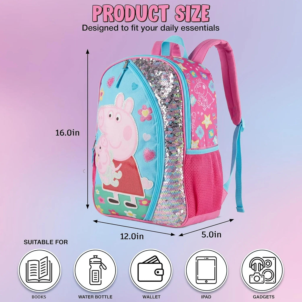 Peppa Pig 16" Girls Backpack, Glitter Character Patch & Rainbow Flip Sequins Preschool Bookbag