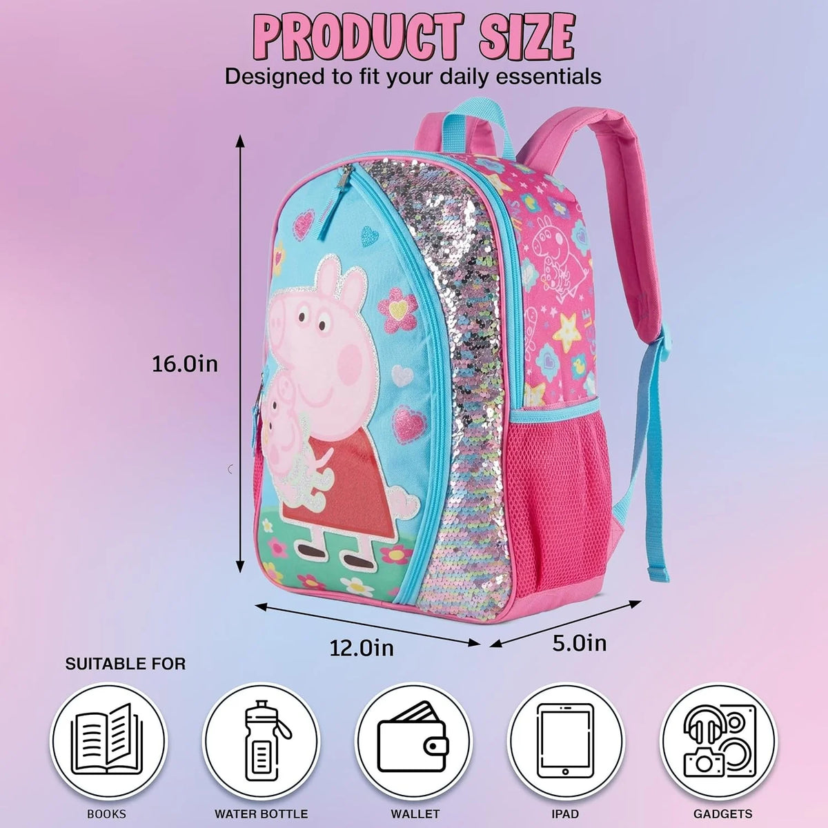 Peppa Pig 16" Girls Backpack, Glitter Character Patch & Rainbow Flip Sequins Preschool Bookbag