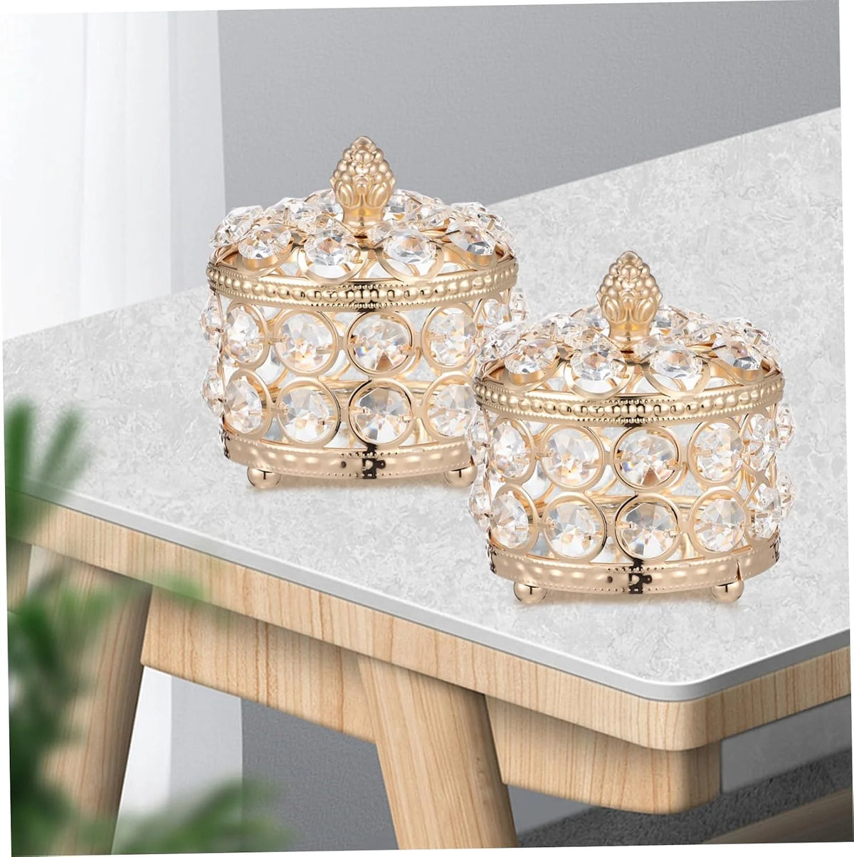 Crystal Jewelry Boxes Golden Iron 2 Pcs Storage Holders Delicate Sparkly Design, for Rings and Small Items, Table Centerpieces and Display Accents