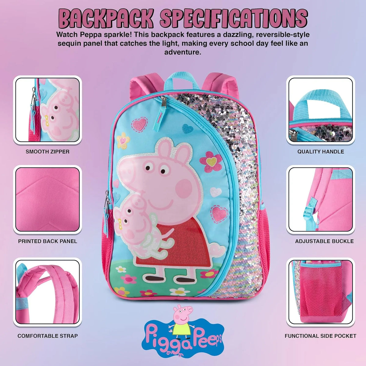 Peppa Pig 16" Girls Backpack, Glitter Character Patch & Rainbow Flip Sequins Preschool Bookbag
