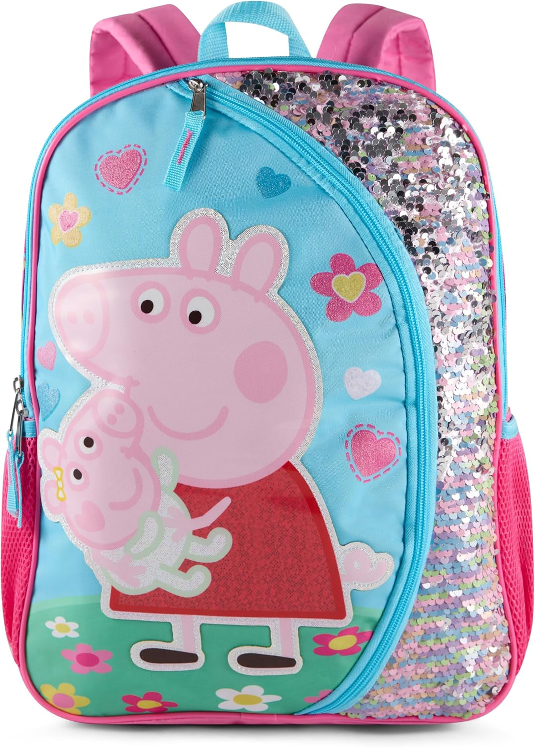Peppa Pig 16" Girls Backpack, Glitter Character Patch & Rainbow Flip Sequins Preschool Bookbag