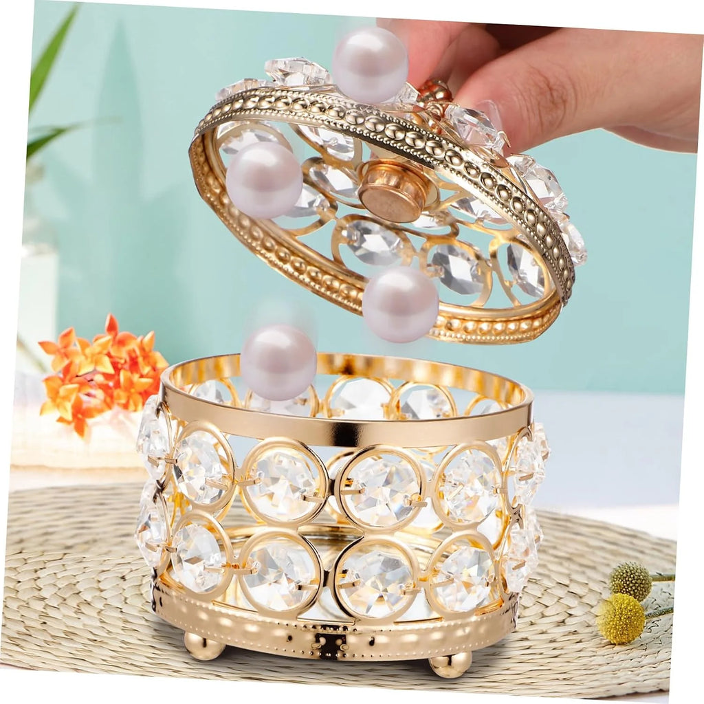 Crystal Jewelry Boxes Golden Iron 2 Pcs Storage Holders Delicate Sparkly Design, for Rings and Small Items, Table Centerpieces and Display Accents