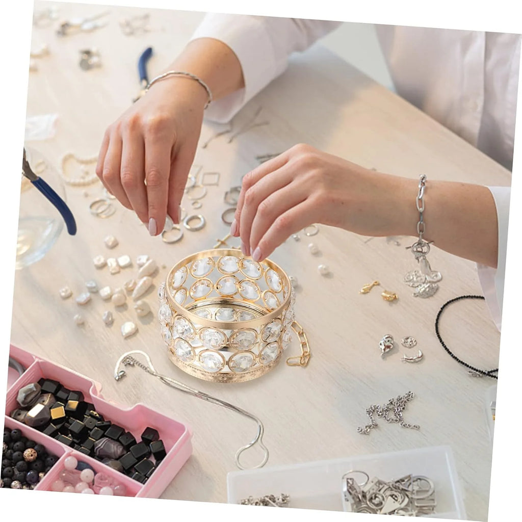 Crystal Jewelry Boxes Golden Iron 2 Pcs Storage Holders Delicate Sparkly Design, for Rings and Small Items, Table Centerpieces and Display Accents