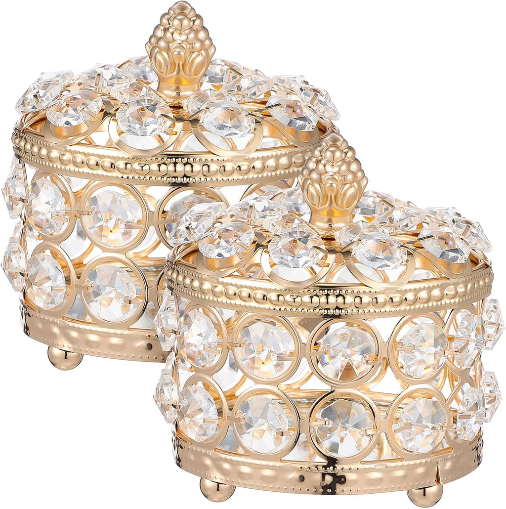 Crystal Jewelry Boxes Golden Iron 2 Pcs Storage Holders Delicate Sparkly Design, for Rings and Small Items, Table Centerpieces and Display Accents
