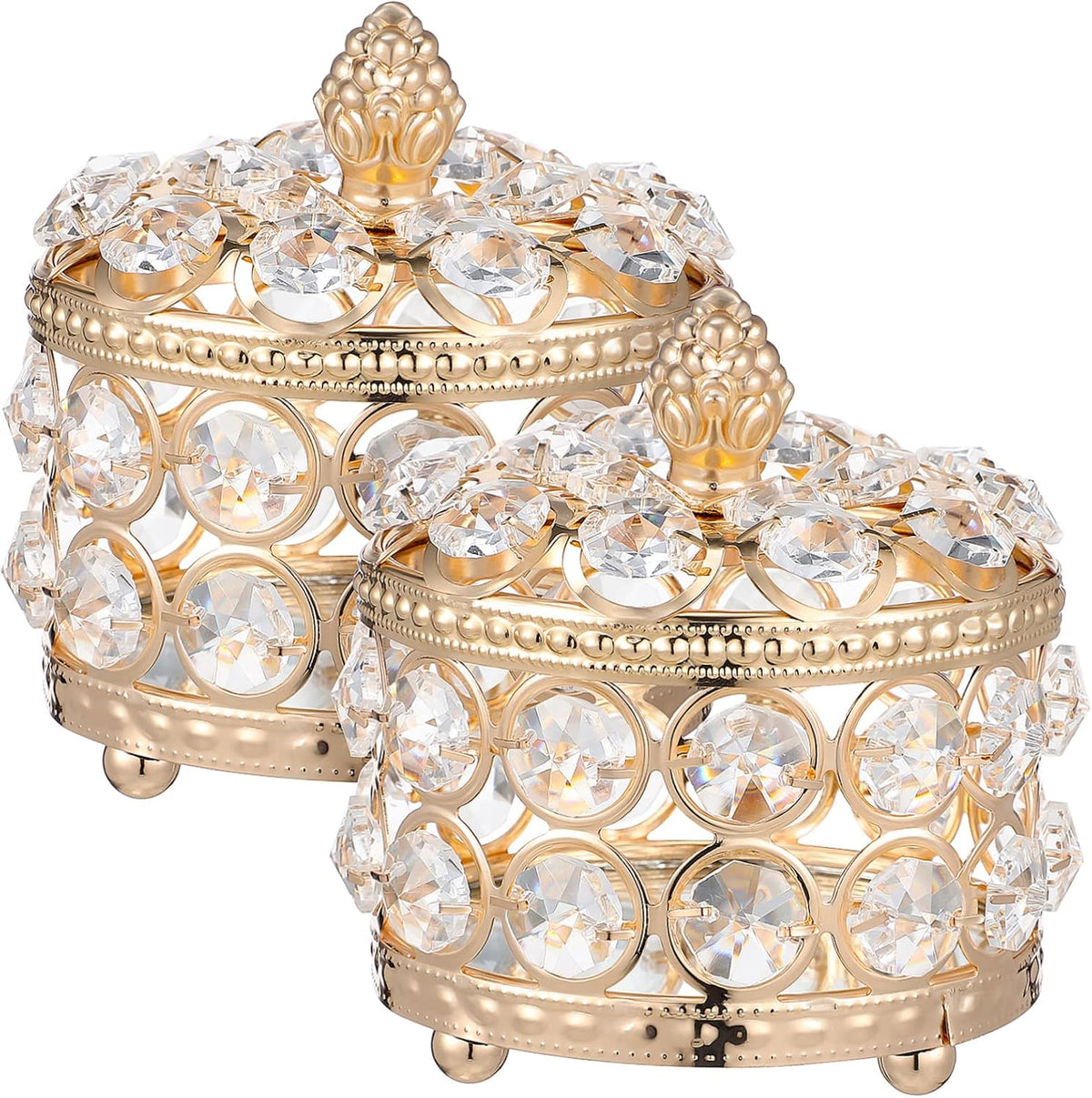 Crystal Jewelry Boxes Golden Iron 2 Pcs Storage Holders Delicate Sparkly Design, for Rings and Small Items, Table Centerpieces and Display Accents