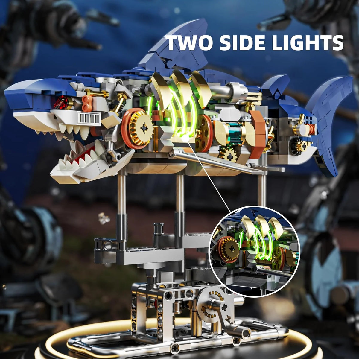 Mechanical Shark Building Set with LED Lights - Movable Crank Gears,687 PCS