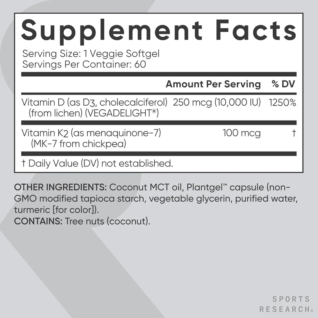 Sports Research® Vitamin D3 + K2 with 10,000Iu of Plant-Based D3 & 100Mcg of Vitamin K2 as MK-7 | Non-Gmo Verified & Vegan Certified 60Ct