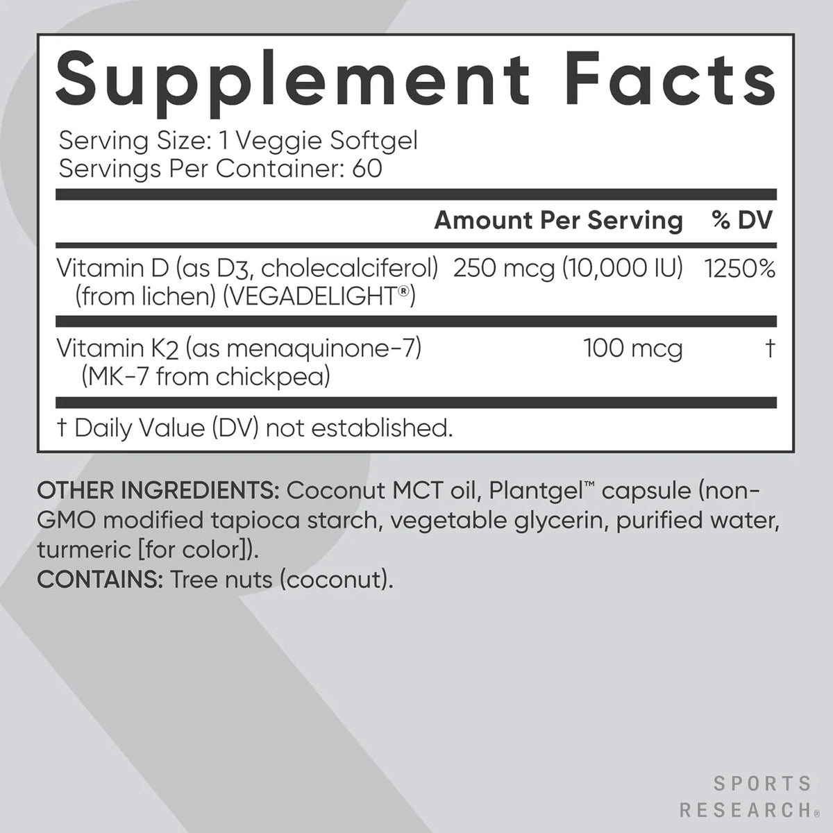 Sports Research® Vitamin D3 + K2 with 10,000Iu of Plant-Based D3 & 100Mcg of Vitamin K2 as MK-7 | Non-Gmo Verified & Vegan Certified 60Ct