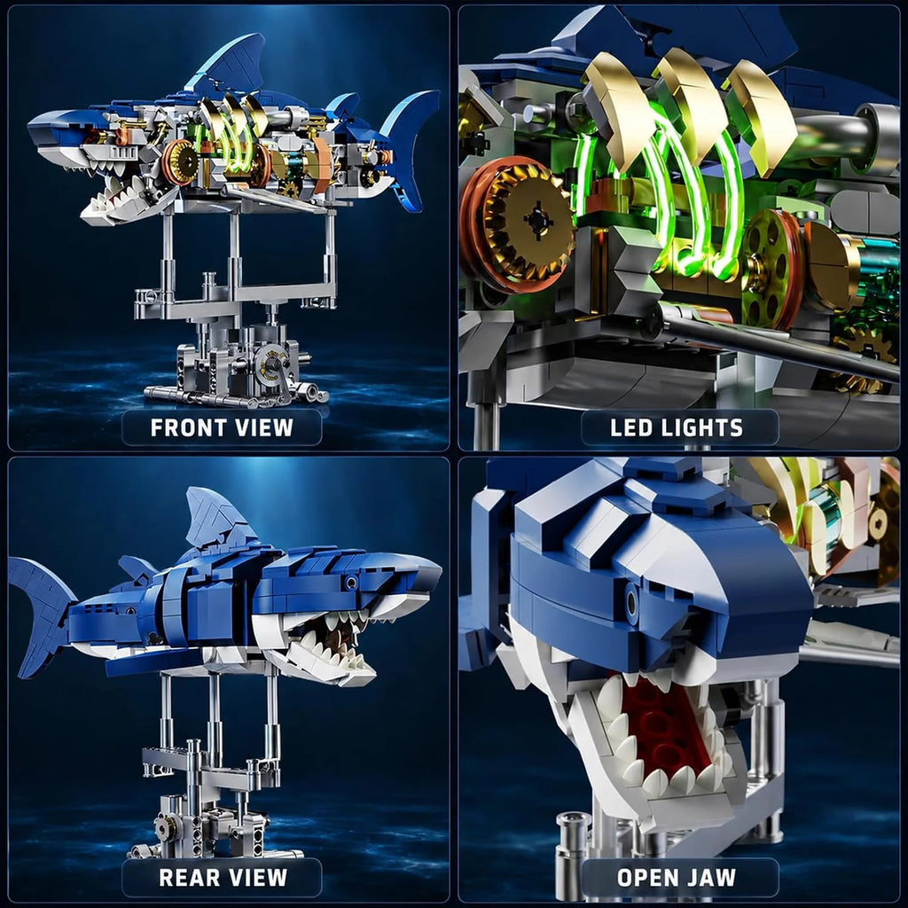 Mechanical Shark Building Set with LED Lights - Movable Crank Gears,687 PCS